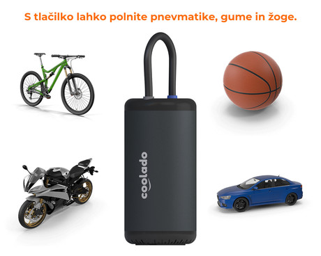 EOL - COOLADO tPump X prenosna brezžična tlačilka, za kolesa / gume / žoge / igrače, baterija, zaslon, različni nastavki, LED luč, etui, črna