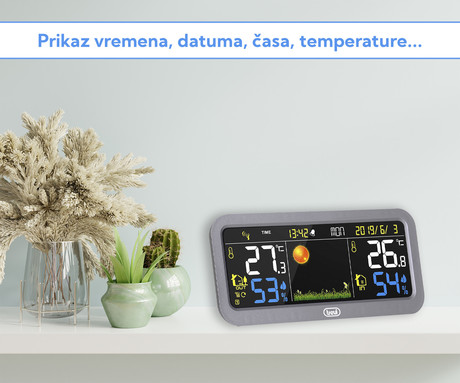 TREVI ME 3P20 RC brezžična vremenska postaja z zunanjim senzorjem, velik barvni zaslon, ura, alarm, barometer, siva
