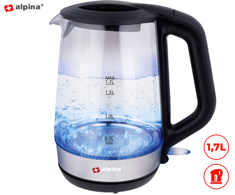 ALPINA grelnik vode, 1.7L, 2200W, brezžičen vrč, samodejni izklop, zaščita pred pregrevanjem, steklen
