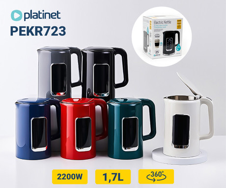 PLATINET PEKR723 grelnik vode, 1.7L, 2200W, digitalni zaslon, 5 stopenj, funkcija Keep Warm, varnostne zaščite, samodejni izklop, 360° podstavek, +GRATIS skodelica, črn