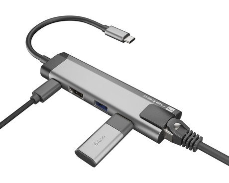 Natec FOWLER GO adapter USB hub, 2x USB-A 3.0, 1x HDMI, 1x Ethernet RJ-45, 1x USB-C, max 4K UHD, 5 GB/s, Plug&Play, Power Delivery 3.0, 100W, siv