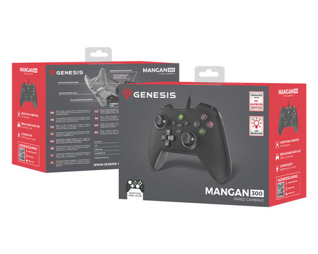 GENESIS MANGAN 300 žični igralni plošček / gamepad, 19 gumbov, vibriranje, LED osvetlitev, Windows / Android / Nintendo / Asus / Steam, USB Type-C, + prednja plošča, + torbica, črn (Onyx Black)