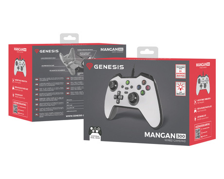 GENESIS MANGAN 300 žični igralni plošček / gamepad, 19 gumbov, vibriranje, LED osvetlitev, Windows / Android / Nintendo / Asus / Steam, USB Type-C, + prednja plošča, + torbica, bel (Howlite White)