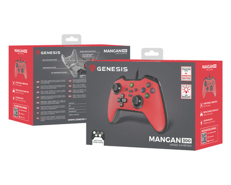 GENESIS MANGAN 300 žični igralni plošček / gamepad, 19 gumbov, vibriranje, LED osvetlitev, Windows / Android / Nintendo / Asus / Steam, USB Type-C, + prednja plošča, + torbica, rdeč (Genesis Red)
