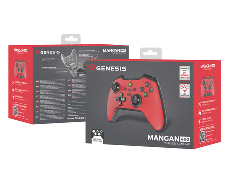 GENESIS MANGAN 400 brezžični igralni plošček / gamepad, 19 gumbov, vibriranje, Bluetooth, LED, Windows / Android / iOS / Nintendo, baterija, + prednja plošča, + torbica, rdeč (Genesis Red)