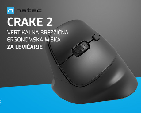 Natec CRAKE 2 vertikalna brezžična miška, 2400DPI, ergonomska, Bluetooth / USB 2.4GHz, 6 gumbov, za levičarje, 1x AA baterija, črna