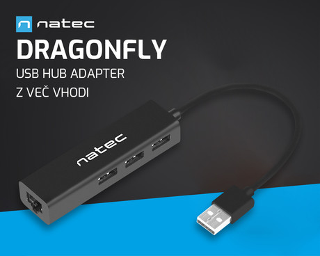 Natec DRAGONFLY adapter USB hub, 3x USB-A 2.0, 1x Ethernet RJ-45, 480MB/s, Plug&Play, črn