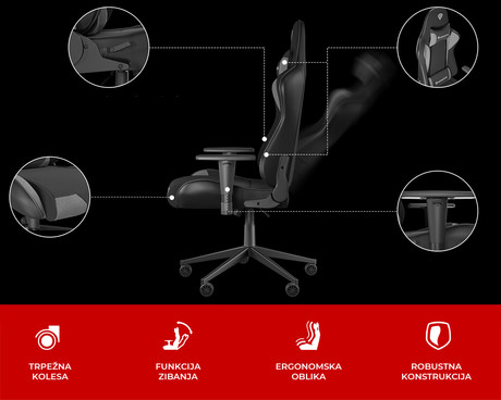 GENESIS NITRO 440 G2 gaming / pisarniški stol, ergonomski, nastavljiva višina / naklon, zibanje, 2x blazina, kolesa CareGLide™, črno siv