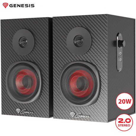 GENESIS HELIUM 200 računalniški zvočniki, STEREO 2.0, 20W RMS, mini jack 3.5mm, kontrolna plošča, nadzor glasnosti, priklop za slušalke, karbonski izgled, leseni, črni