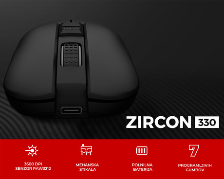 GENESIS ZIRCON 330 brezžična miška, gaming / pisarniška, 3600DPI, USB 2.4GHz / USB Type-C, 7 gumbov, polnilna baterija, Plug & Play, črna