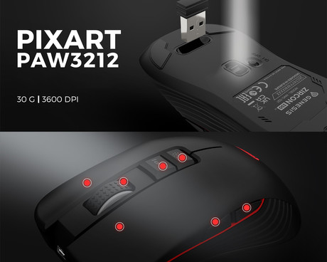 GENESIS ZIRCON 330 brezžična miška, gaming / pisarniška, 3600DPI, USB 2.4GHz / USB Type-C, 7 gumbov, polnilna baterija, Plug & Play, črna