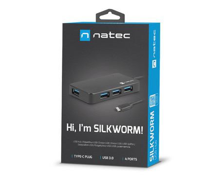 Natec SILKWORM adapter USB hub, 4x USB-A 3.0, 1x USB-C 3.0, 5GB/s, Plug&Play, črn