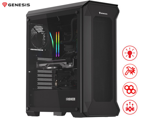 GENESIS IRID 505 ARGB V2 računalniško ohišje, Midi Tower, 4x ventilator, AIO LC do 360mm, GPU do 380mm, CPU Cooler do 165mm, MESH plošča, kaljeno steklo, ARGB LED osvetlitev, 447x220x510mm, črno
