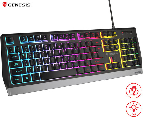 GENESIS RHOD 300 RGB gaming membranska tipkovnica, žična, RGB LED osvetlitev, Anti-Ghosting funkcija, Non-Floating stikala / tipke, zaščita pred vodo, Plug & Play, F1-F12, črna
