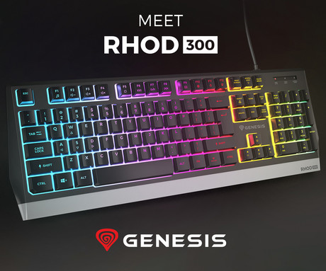 GENESIS RHOD 300 RGB gaming membranska tipkovnica, žična, RGB LED osvetlitev, Anti-Ghosting funkcija, Non-Floating stikala / tipke, zaščita pred vodo, Plug & Play, F1-F12, črna