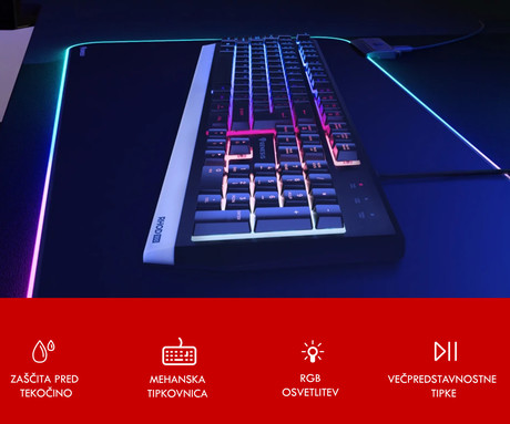 GENESIS RHOD 300 RGB gaming membranska tipkovnica, žična, RGB LED osvetlitev, Anti-Ghosting funkcija, Non-Floating stikala / tipke, zaščita pred vodo, Plug & Play, F1-F12, črna