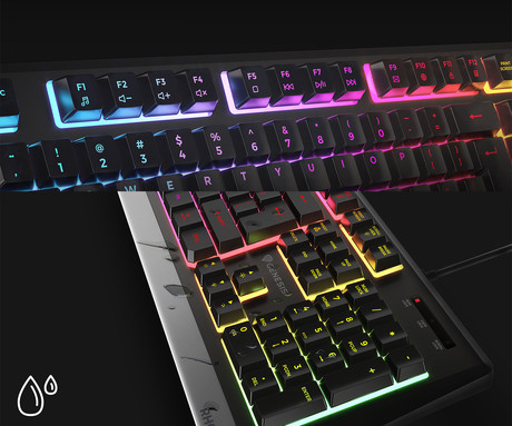GENESIS RHOD 300 RGB gaming membranska tipkovnica, žična, RGB LED osvetlitev, Anti-Ghosting funkcija, Non-Floating stikala / tipke, zaščita pred vodo, Plug & Play, F1-F12, črna