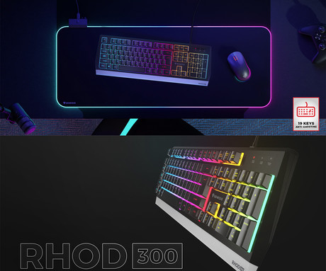 GENESIS RHOD 300 RGB gaming membranska tipkovnica, žična, RGB LED osvetlitev, Anti-Ghosting funkcija, Non-Floating stikala / tipke, zaščita pred vodo, Plug & Play, F1-F12, črna
