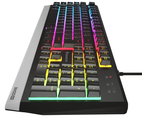 GENESIS RHOD 300 RGB gaming membranska tipkovnica, žična, RGB LED osvetlitev, Anti-Ghosting funkcija, Non-Floating stikala / tipke, zaščita pred vodo, Plug & Play, F1-F12, črna