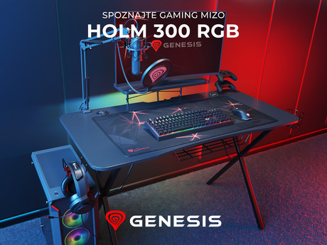 GENESIS HOLM 300 RGB gaming miza, profesionalna, ergonomska, RGB LED osvetlitev, stojalo za monitor, nosilci za pijačo / gamepad / slušalke, 3x USB Type-A vhod, brezžični polnilec, karbon stil, črna