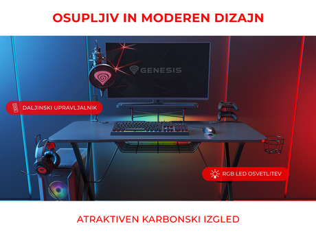 GENESIS HOLM 300 RGB gaming miza, profesionalna, ergonomska, RGB LED osvetlitev, stojalo za monitor, nosilci za pijačo / gamepad / slušalke, 3x USB Type-A vhod, brezžični polnilec, karbon stil, črna