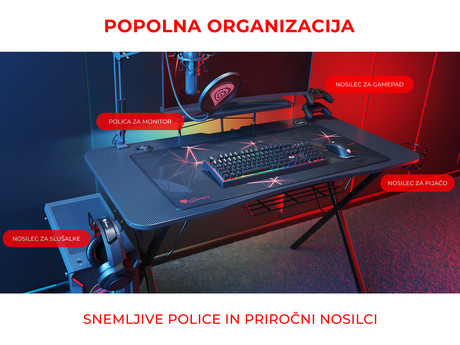 GENESIS HOLM 300 RGB gaming miza, profesionalna, ergonomska, RGB LED osvetlitev, stojalo za monitor, nosilci za pijačo / gamepad / slušalke, 3x USB Type-A vhod, brezžični polnilec, karbon stil, črna