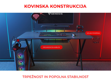 GENESIS HOLM 300 RGB gaming miza, profesionalna, ergonomska, RGB LED osvetlitev, stojalo za monitor, nosilci za pijačo / gamepad / slušalke, 3x USB Type-A vhod, brezžični polnilec, karbon stil, črna