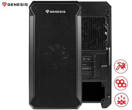 GENESIS IRID 503 V2 računalniško ohišje, Mini Tower, 2x ventilator, AIO LC do 280mm, GPU do 375mm, CPU Cooler do 163mm, MESH plošča, kaljeno steklo, filtri proti prahu, 430x210x430mm, črno