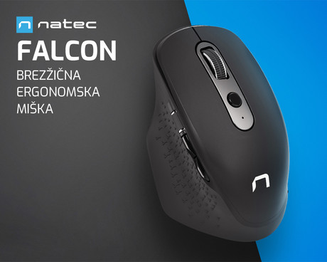 Natec FALCON brezžična miška, 3200DPI, ergonomska, Bluetooth / USB 2.4GHz, 6 gumbov, tiha stikala, polnilna baterija, stranski drsnik, črna