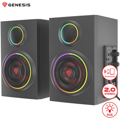 GENESIS HELIUM 300BT RGB računalniški zvočniki, STEREO 2.0, 24W RMS, RGB LED osvetlitev, 3.5mm audio jack, Bluetooth 5.0, gumbi za upravljanje