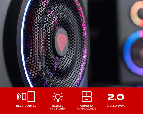 GENESIS HELIUM 300BT RGB računalniški zvočniki, STEREO 2.0, 24W RMS, RGB LED osvetlitev, 3.5mm audio jack, Bluetooth 5.0, gumbi za upravljanje