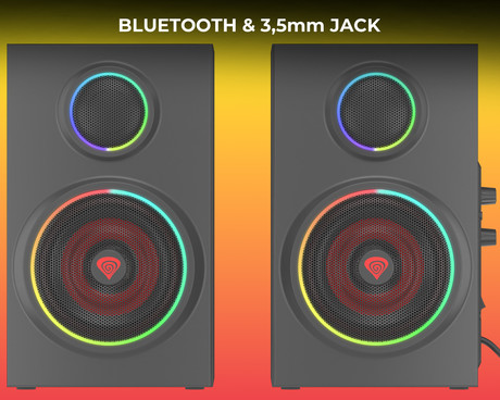 GENESIS HELIUM 300BT RGB računalniški zvočniki, STEREO 2.0, 24W RMS, RGB LED osvetlitev, 3.5mm audio jack, Bluetooth 5.0, gumbi za upravljanje