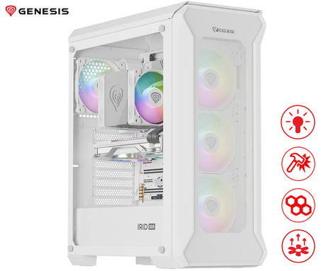 GENESIS IRID 505 ARGB V2 računalniško ohišje, Midi Tower, 4x ventilator, AIO LC do 360mm, GPU do 380mm, CPU Cooler do 165mm, MESH plošča, kaljeno steklo, ARGB LED osvetlitev, 447x220x510mm, belo