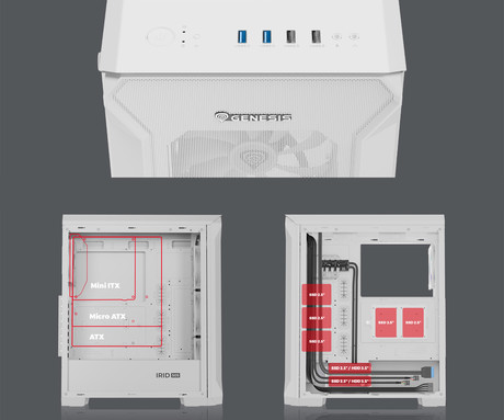 GENESIS IRID 505 ARGB V2 računalniško ohišje, Midi Tower, 4x ventilator, AIO LC do 360mm, GPU do 380mm, CPU Cooler do 165mm, MESH plošča, kaljeno steklo, ARGB LED osvetlitev, 447x220x510mm, belo