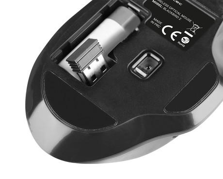 Natec BLACKBIRD 2 brezžična miška, ergonomska, USB 2.4GHz, 1600DPI, 6 gumbov, tiha stikala, 1x AA baterija, optični senzor, teflonski drsniki, črna