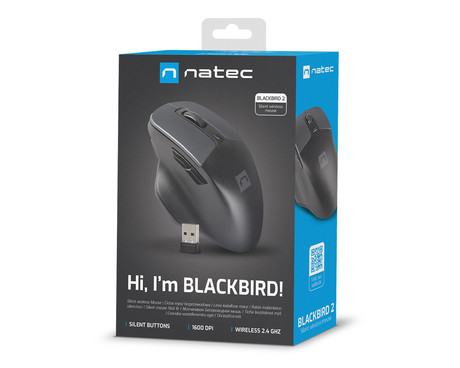 Natec BLACKBIRD 2 brezžična miška, ergonomska, USB 2.4GHz, 1600DPI, 6 gumbov, tiha stikala, 1x AA baterija, optični senzor, teflonski drsniki, črna