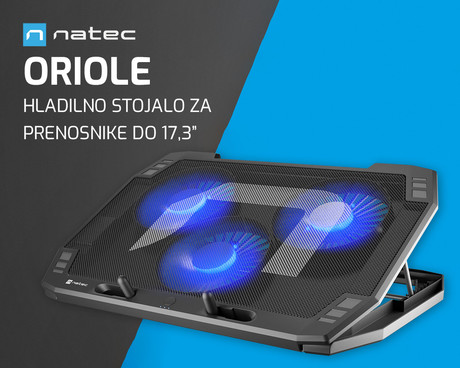 Natec ORIOLE hladilno stojalo za prenosnike, do 17.3", 7 stopenj naklona, 3x 120mm ventilator, nastavljiva hitrost, LED osvetlitev, 2x USB Type-A, črno