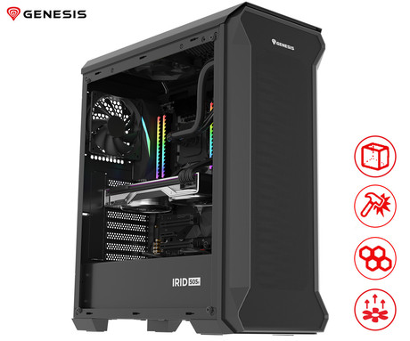 GENESIS IRID 505F računalniško ohišje, Midi Tower, 5x ventilator, AIO LC do 360mm, GPU do 380mm, CPU Cooler do 165mm, MESH plošča, kaljeno steklo, filtri proti prahu, 447x220x510mm, črno
