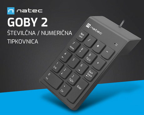 Natec GOBY 2 številčna / numerična tipkovnica, numpad, membranska, 18 tipk, kompaktne dimenzije, Plug&Play, USB Type-A, 150cm kabel, črna