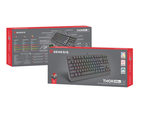 GENESIS THOR 230 TKL Lite gaming mehanska tipkovnica, žična, RGB LED osvetlitev, Hot-Swap tehnologija, Anti-Ghosting, Outemu Red stikala, spomin, programska oprema, Plug & Play, F1-F12, črna