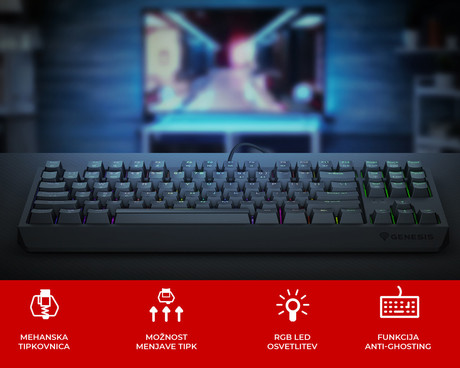 GENESIS THOR 230 TKL Lite gaming mehanska tipkovnica, žična, RGB LED osvetlitev, Hot-Swap tehnologija, Anti-Ghosting, Outemu Red stikala, spomin, programska oprema, Plug & Play, F1-F12, črna