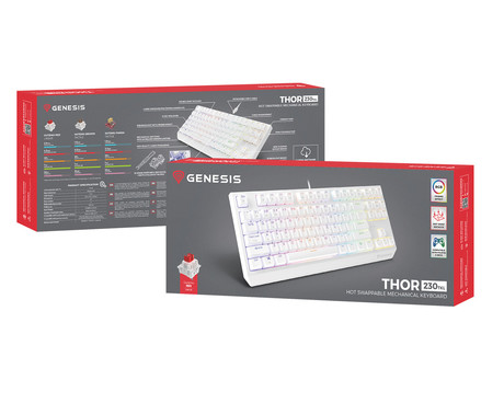 GENESIS THOR 230 TKL gaming mehanska tipkovnica, žična, RGB LED osvetlitev, Hot-Swap tehnologija, Anti-Ghosting, Outemu Red stikala, spomin, programska oprema, Plug & Play, F1-F12, bela