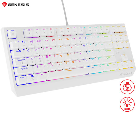GENESIS THOR 230 TKL gaming mehanska tipkovnica, žična, RGB LED osvetlitev, Hot-Swap tehnologija, Anti-Ghosting, Outemu Red stikala, spomin, programska oprema, Plug & Play, F1-F12, bela