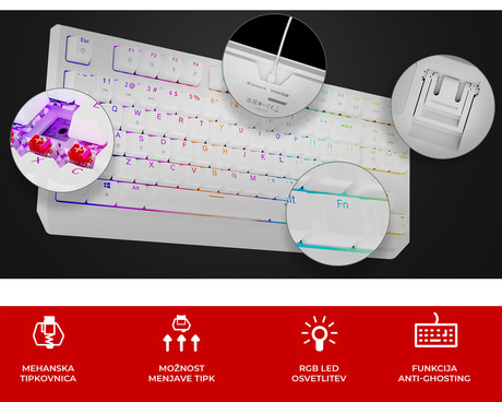 GENESIS THOR 230 TKL gaming mehanska tipkovnica, žična, RGB LED osvetlitev, Hot-Swap tehnologija, Anti-Ghosting, Outemu Red stikala, spomin, programska oprema, Plug & Play, F1-F12, bela