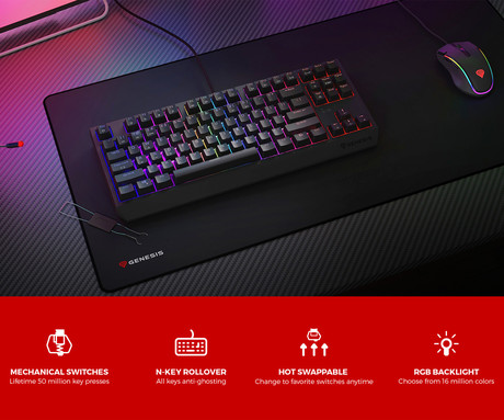 GENESIS THOR 230 TKL gaming mehanska tipkovnica, žična, RGB LED osvetlitev, Hot-Swap tehnologija, Anti-Ghosting, Outemu Brown stikala, spomin, programska oprema, Plug & Play, F1-F12, črna