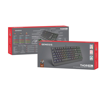 GENESIS THOR 230 TKL gaming mehanska tipkovnica, žična, RGB LED osvetlitev, Hot-Swap tehnologija, Anti-Ghosting, Outemu Brown stikala, spomin, programska oprema, Plug & Play, F1-F12, črna