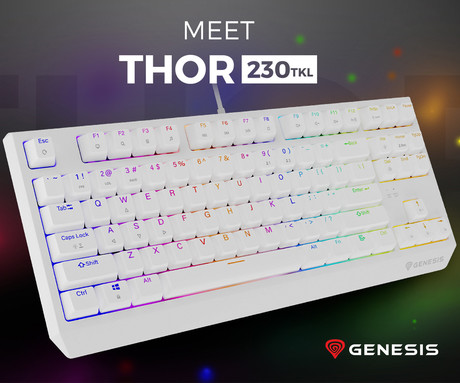GENESIS THOR 230 TKL gaming mehanska tipkovnica, žična, RGB LED osvetlitev, Hot-Swap tehnologija, Anti-Ghosting, Outemu Brown stikala, spomin, programska oprema, Plug & Play, F1-F12, bela