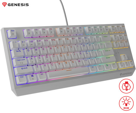 GENESIS THOR 230 TKL gaming mehanska tipkovnica, žična, RGB LED osvetlitev, Hot-Swap tehnologija, Anti-Ghosting, Outemu Brown stikala, spomin, programska oprema, Plug & Play, F1-F12, bela