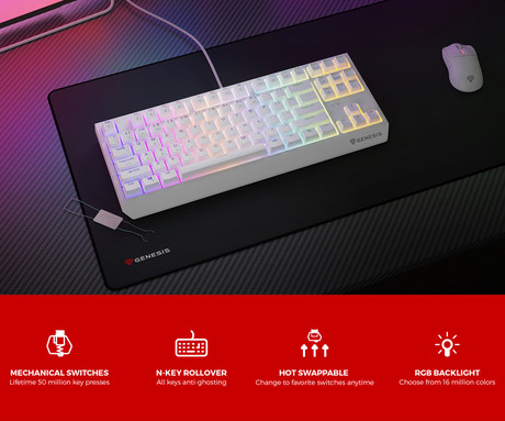 GENESIS THOR 230 TKL gaming mehanska tipkovnica, žična, RGB LED osvetlitev, Hot-Swap tehnologija, Anti-Ghosting, Outemu Brown stikala, spomin, programska oprema, Plug & Play, F1-F12, bela