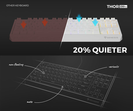 GENESIS THOR 230 TKL gaming mehanska tipkovnica, žična, RGB LED osvetlitev, Hot-Swap tehnologija, Anti-Ghosting, Outemu Brown stikala, spomin, programska oprema, Plug & Play, F1-F12, bela